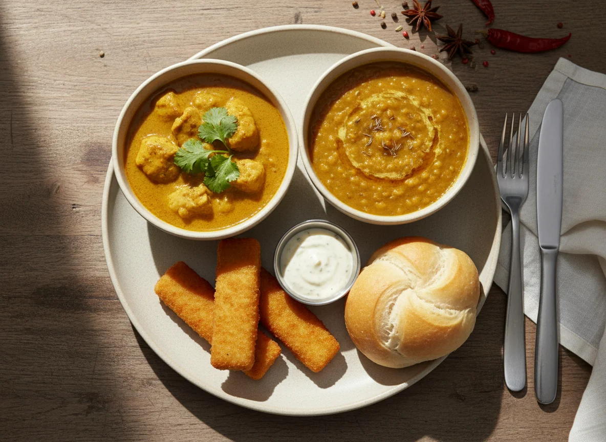 Mixed meal with chicken curry, fish fingers, and bread roll photo
