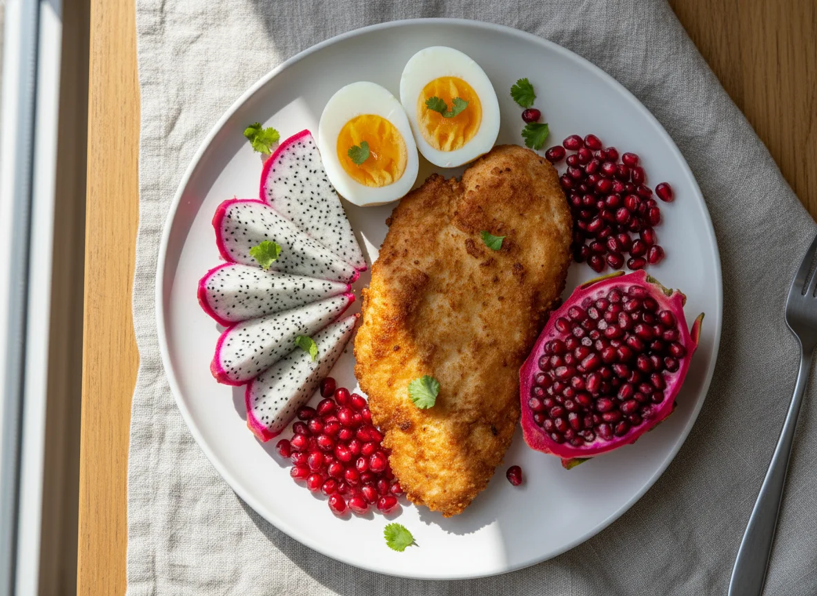 Mixed meal with chicken, eggs, and fruit photo