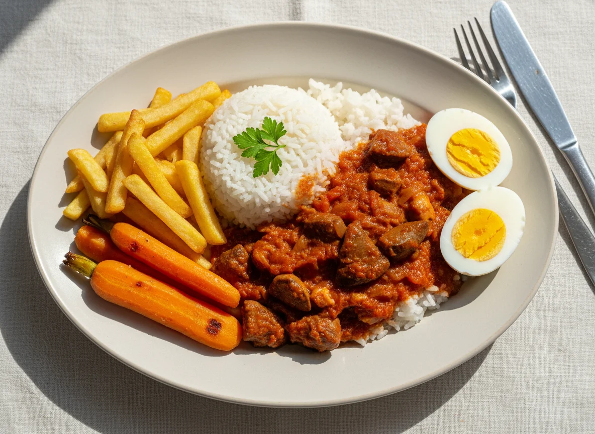 Mixed meal with chicken liver, fries, rice, eggs and carrots photo