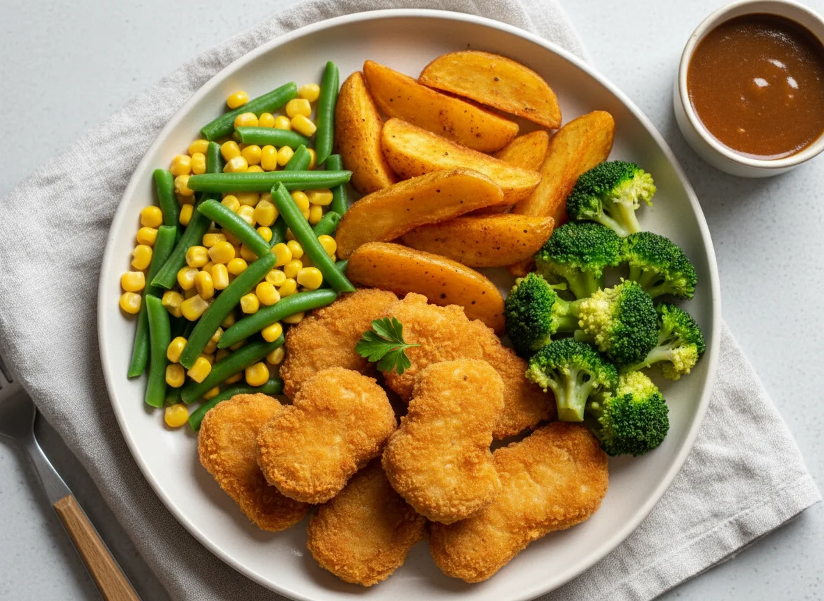 Mixed meal with chicken nuggets, potato wedges, and vegetables photo