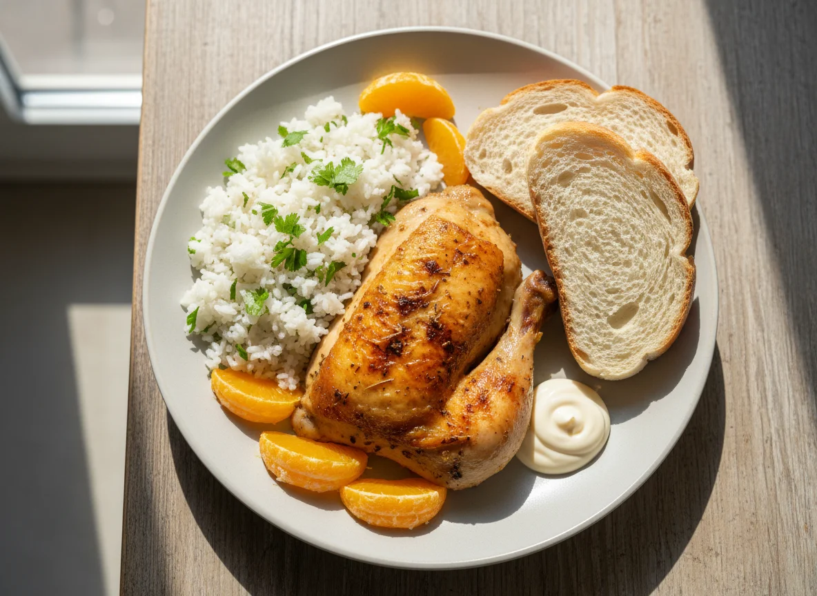 Mixed meal with chicken, rice, bread, and orange photo