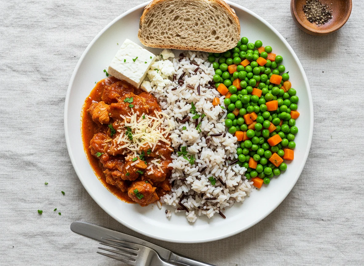 Mixed meal with chicken, rice, vegetables, cheese and bread photo