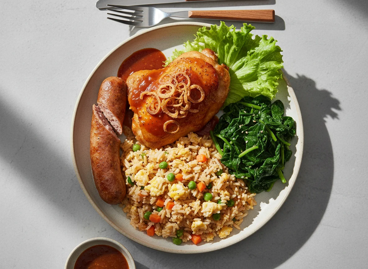 Mixed meal with chicken, sausage, rice and spinach photo