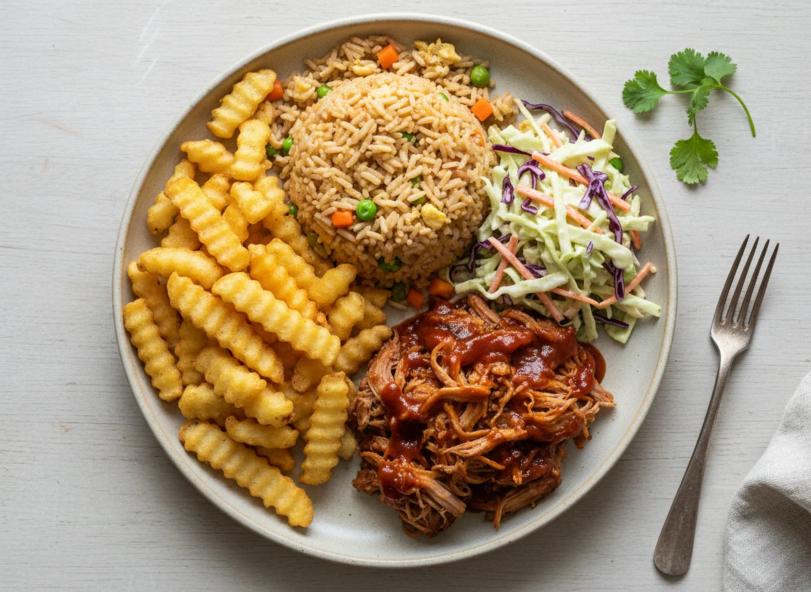 Mixed meal with chips, rice, pulled pork, and coleslaw photo