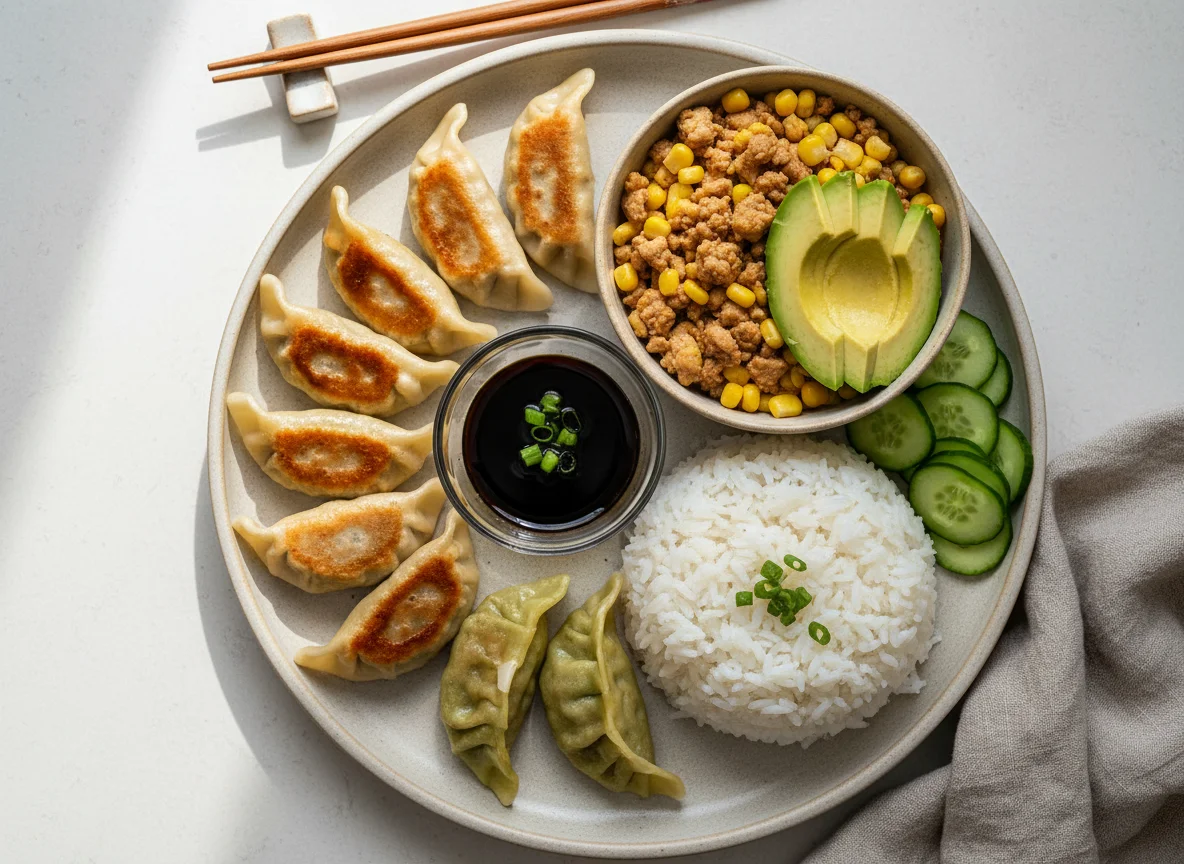 Mixed Meal with Dumplings and Rice Bowl photo