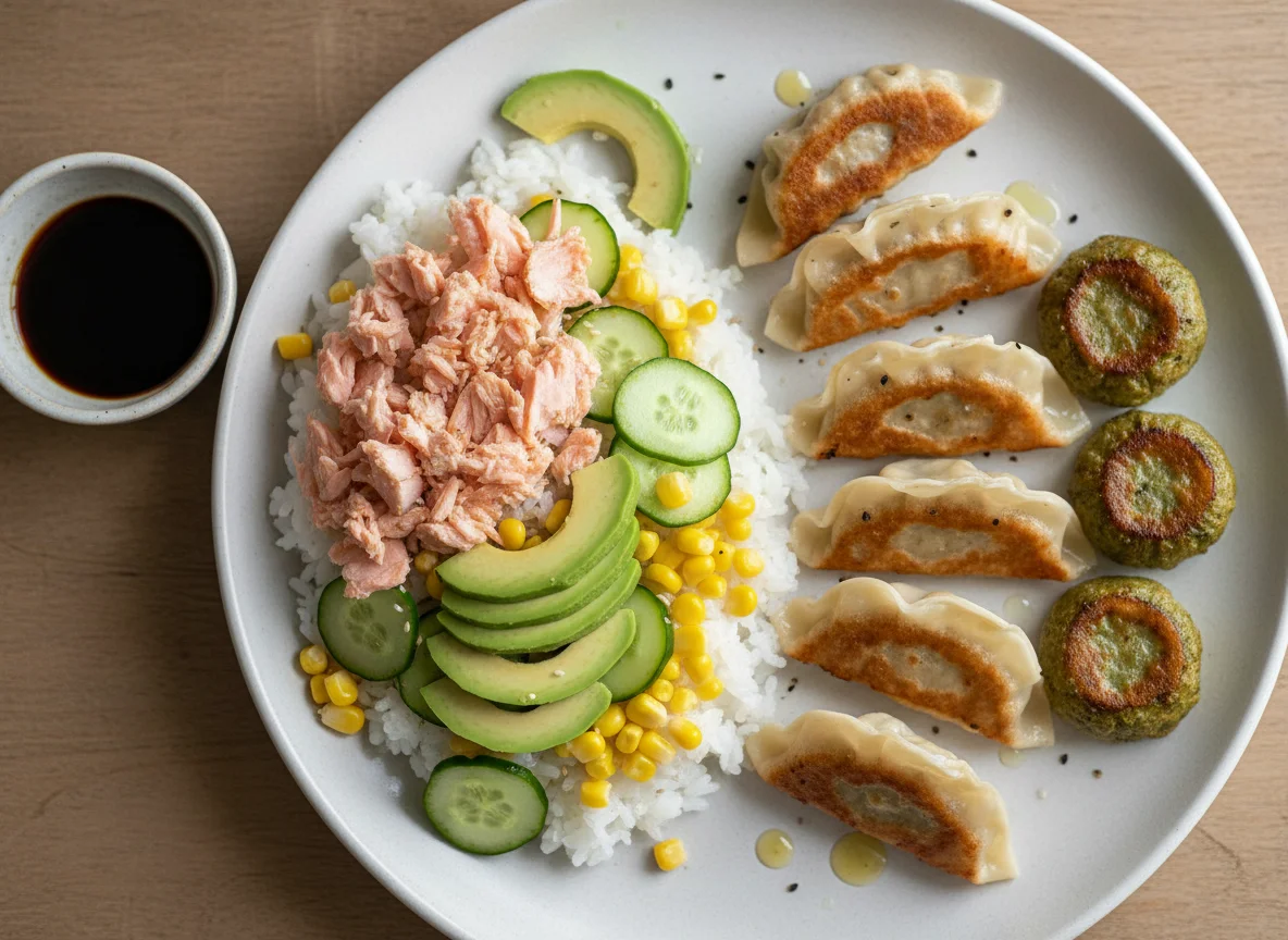 Mixed Meal with Dumplings and Salmon Rice Bowl photo
