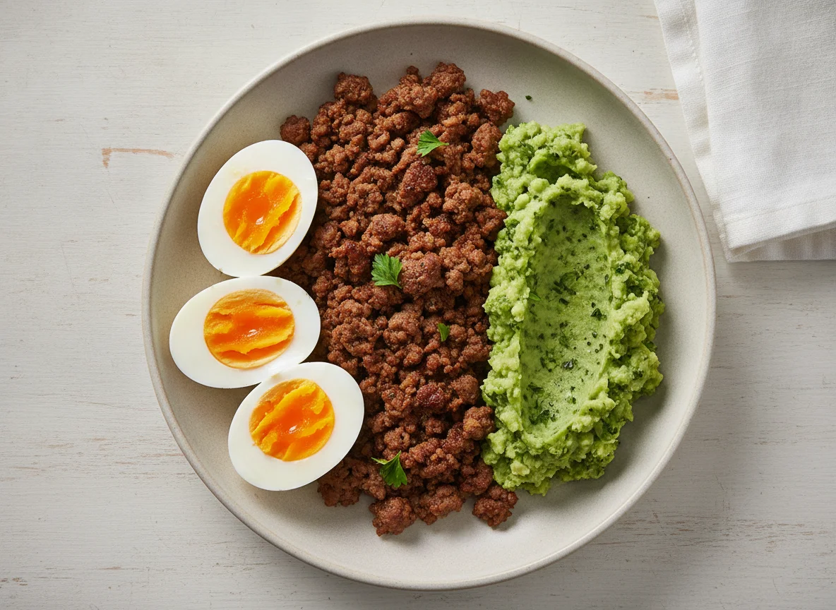 Mixed meal with eggs, minced meat, and broccoli photo