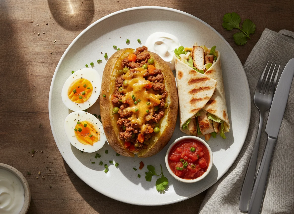 Mixed Meal with Eggs, Stuffed Potato, and Chicken Wrap photo