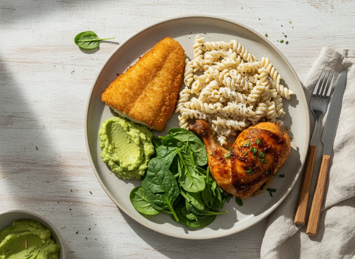 Mixed meal with fish, chicken, spinach, pasta, and avocado photo