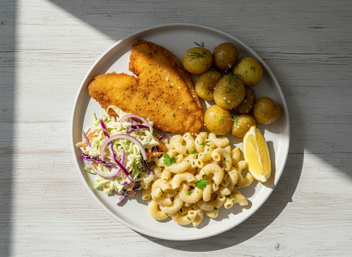 Mixed meal with fish, pasta, potatoes, and coleslaw photo