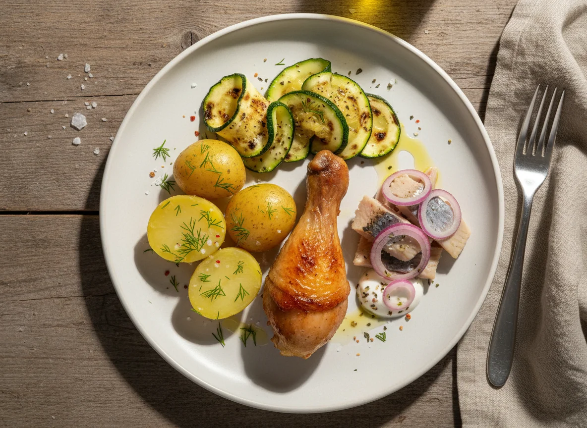 Mixed meal with fish, potatoes, chicken, and zucchini photo