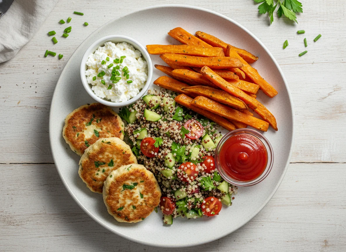 Mixed meal with fishcake, quinoa, sweet potato fries and cottage cheese photo