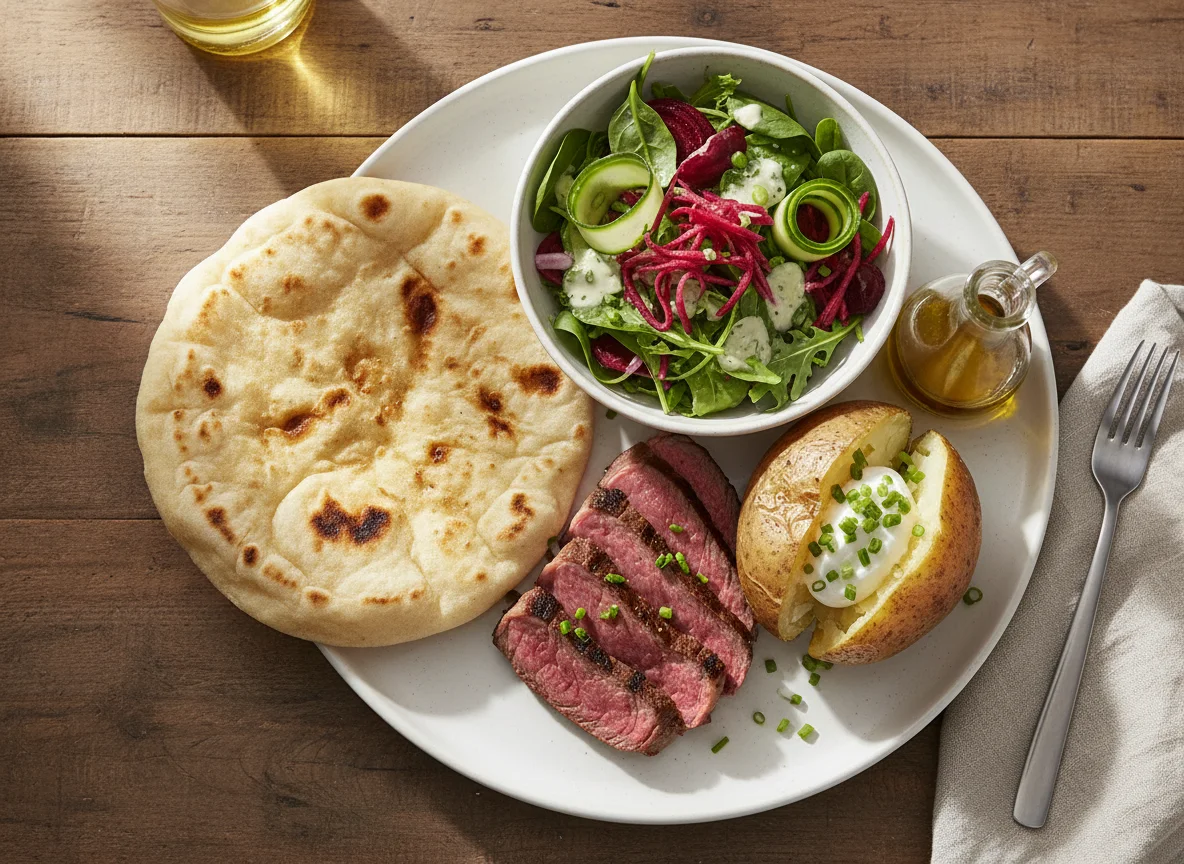 Mixed meal with flatbread, salad, beef, and jacket potato photo