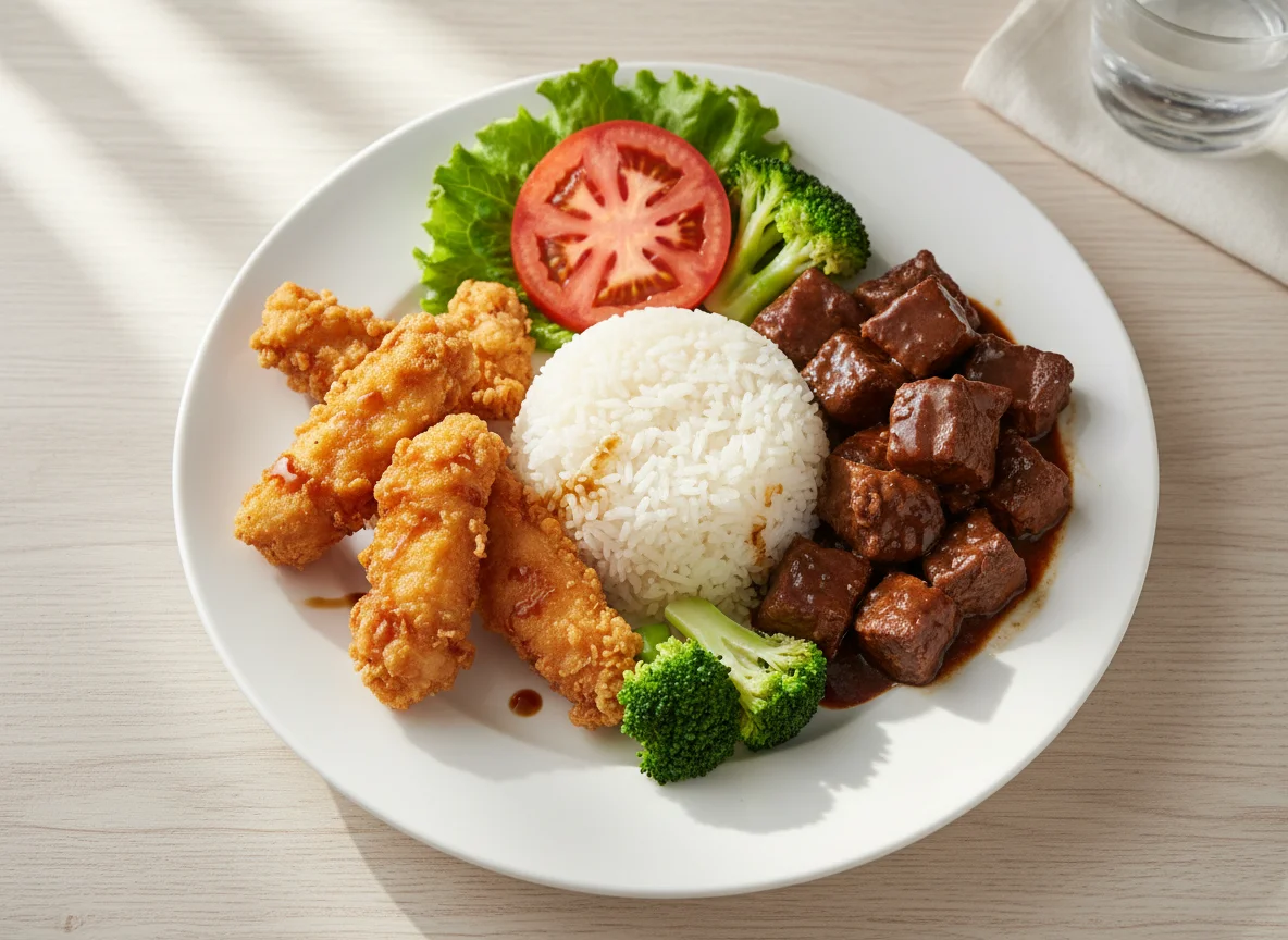 Mixed Meal with Fried Chicken and Rice photo