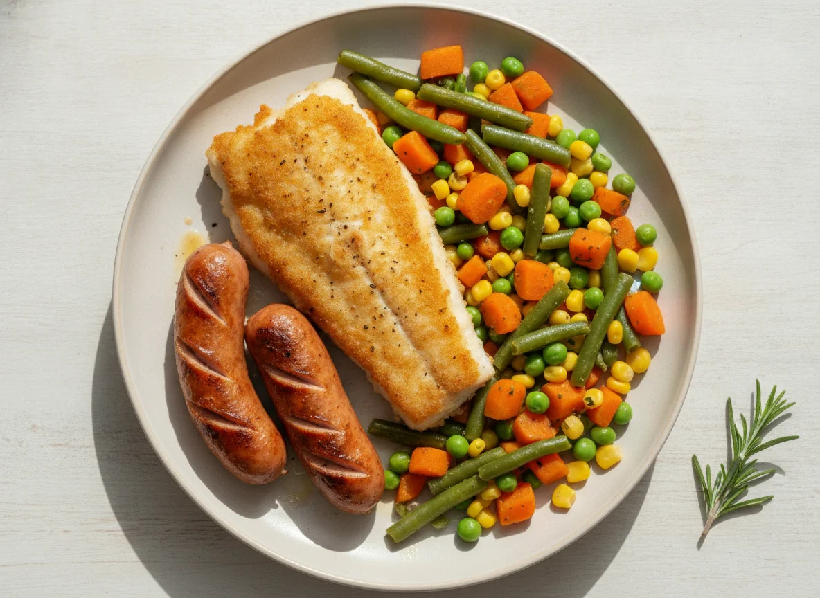 Mixed Meal with Fried Fish, Sausages, and Mixed Vegetables photo