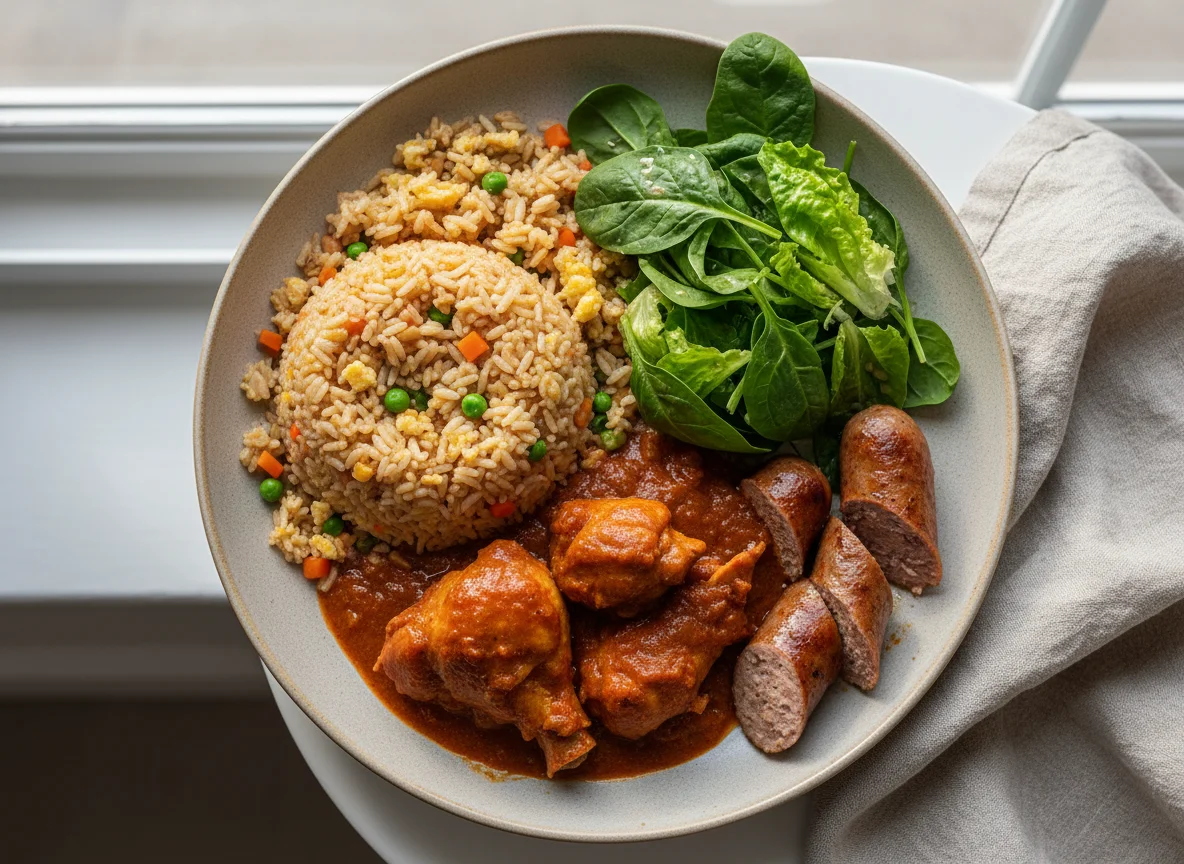 Mixed meal with fried rice, chicken, sausage, and greens photo