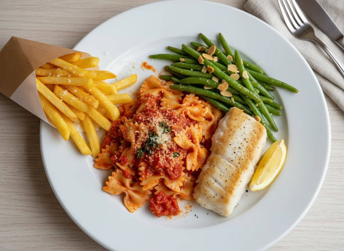 Mixed Meal with Fries, Pasta, and Fish photo
