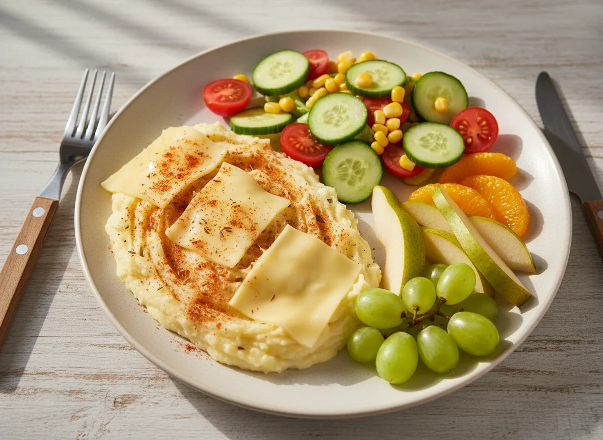 Mixed Meal with Fruit, Salad, and Mashed Potatoes photo