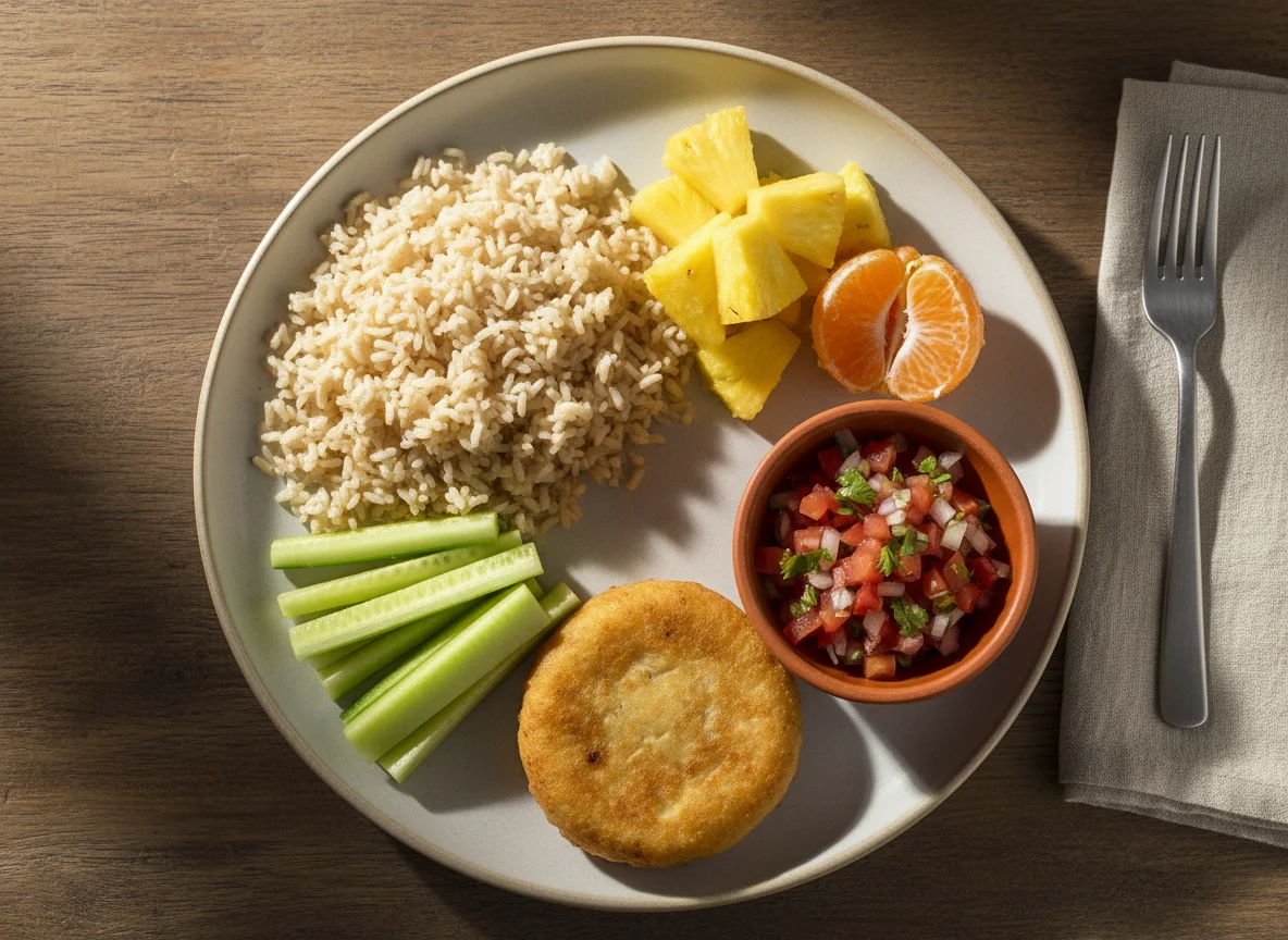 Mixed Meal with Fruit, Vegetables, Rice, and Fried Item photo