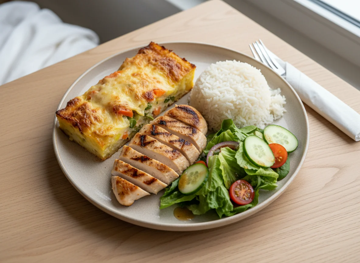 Mixed meal with gratin, rice, chicken, and salad photo