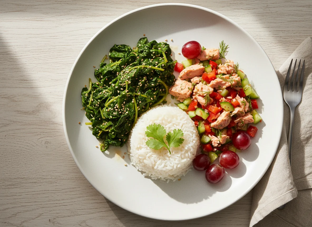 Mixed Meal with Greens, Rice, and Salad photo