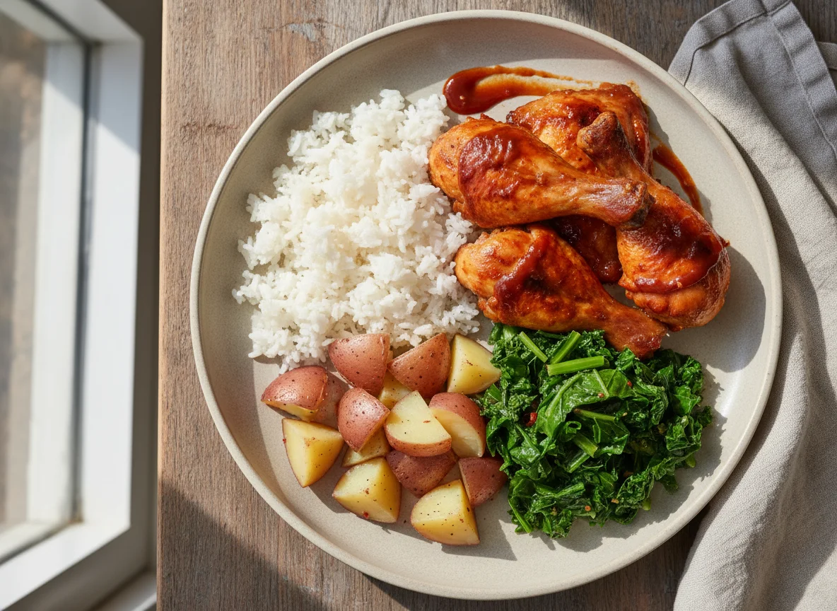 Mixed meal with greens, rice, potatoes, and chicken photo