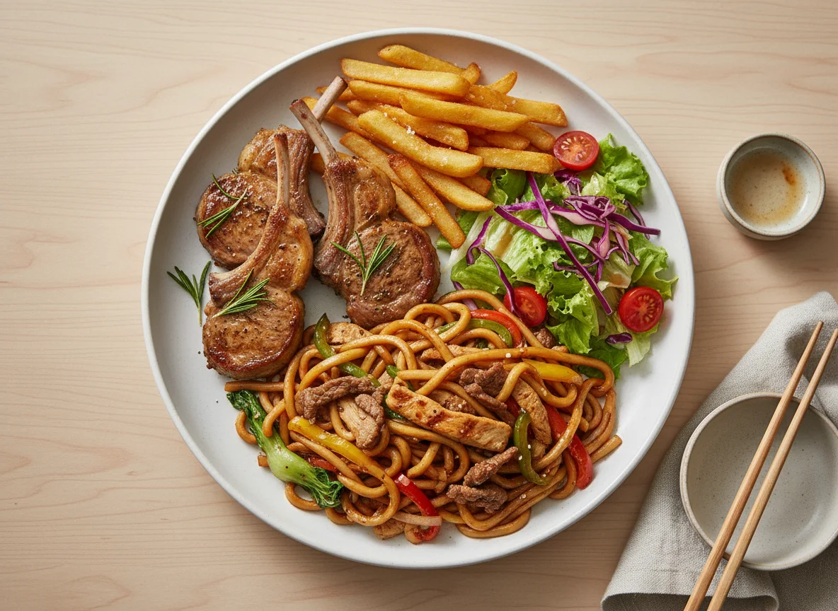 Mixed Meal with Lamb Chops and Noodles photo