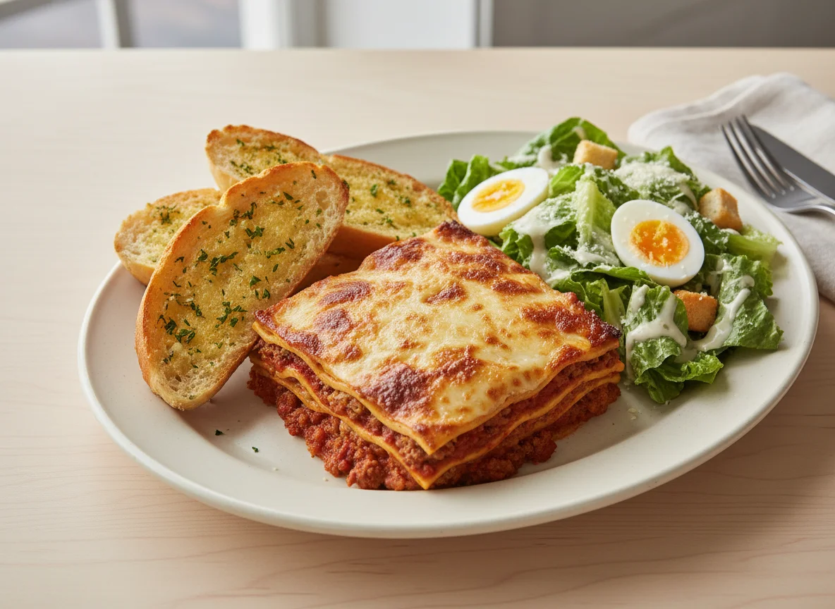 Mixed Meal with Lasagna, Garlic Bread, and Salad photo