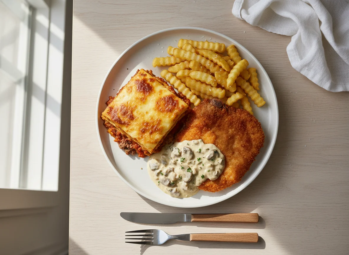 Mixed Meal with Lasagne, Fried Meat, Chips and Creamy Sauce photo