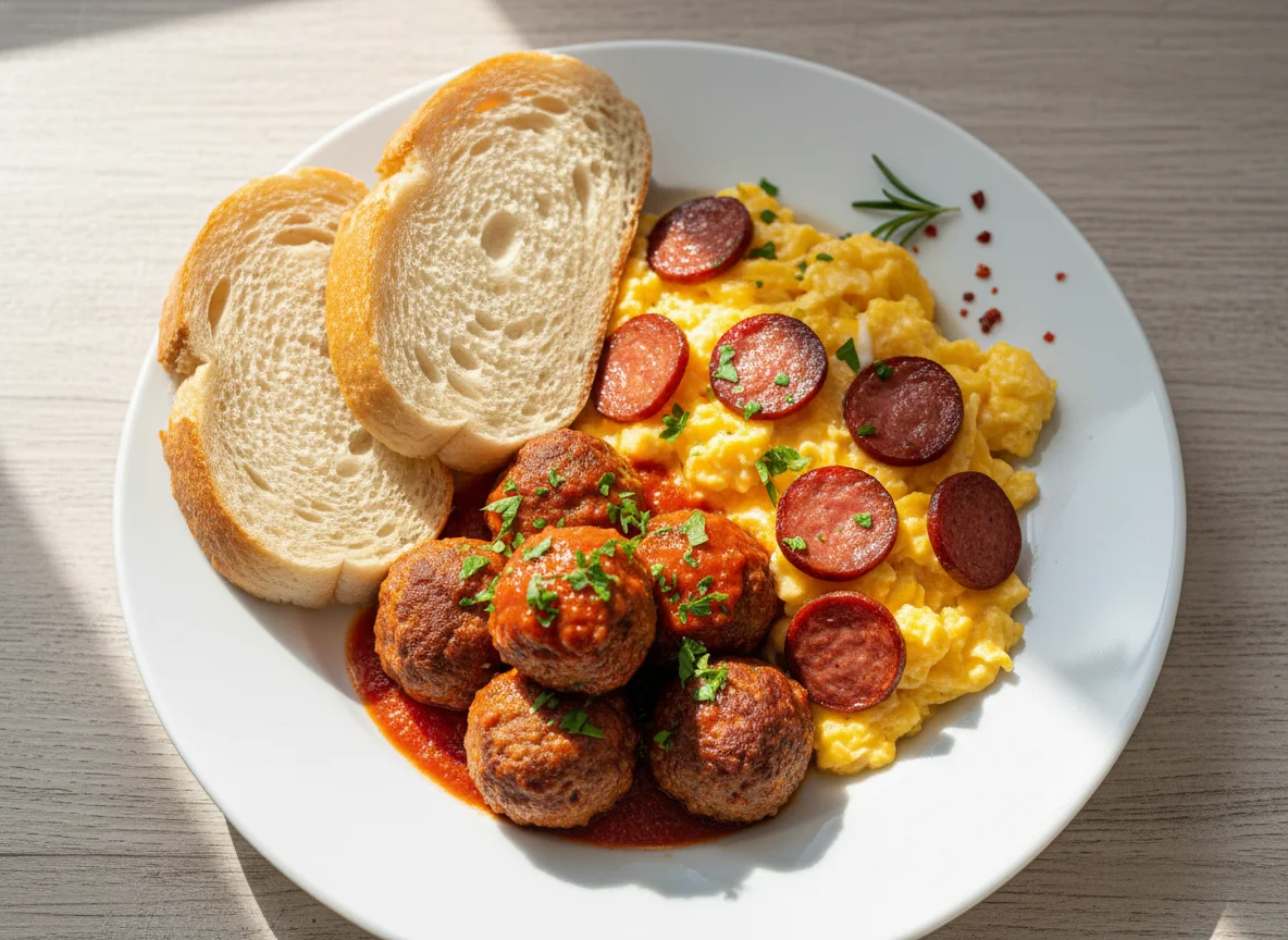 Mixed meal with meatballs, bread, and eggs with sausage photo