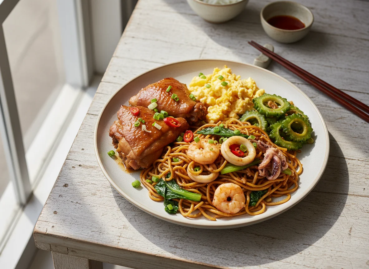 Mixed Meal with Noodles and Chicken photo