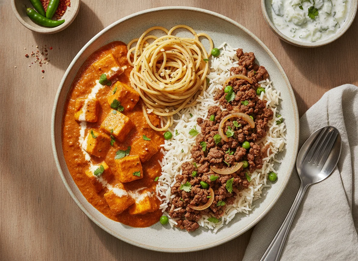Mixed Meal with Paneer Butter Masala, Noodles, and Minced Meat Rice photo