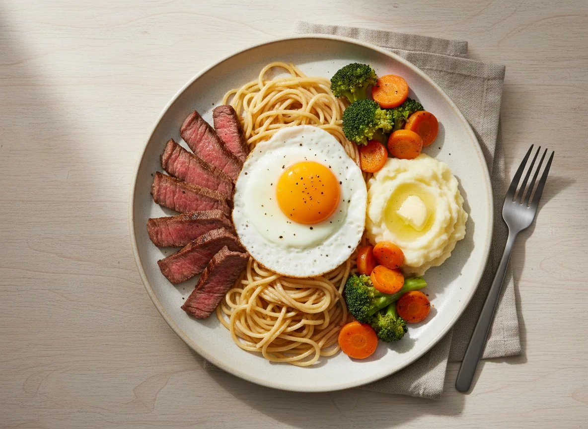 Mixed Meal with Pasta and Steak photo