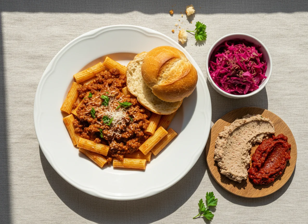 Mixed meal with pasta, bread roll, and pickled cabbage photo