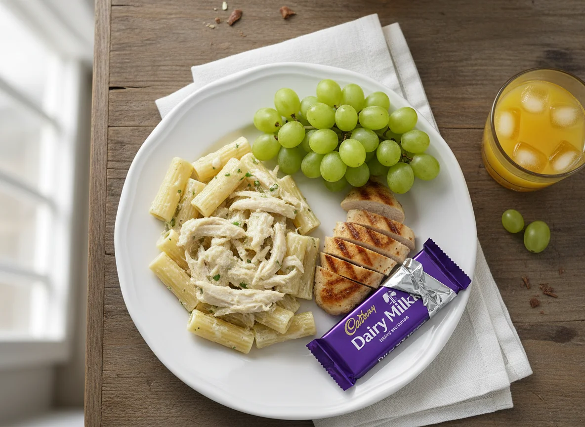 Mixed meal with pasta, chicken, grapes, and chocolate bar photo