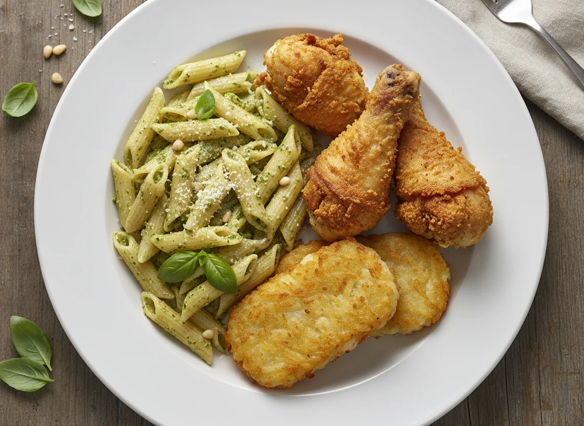 Mixed Meal with Pasta, Fried Chicken, and Hash Browns photo