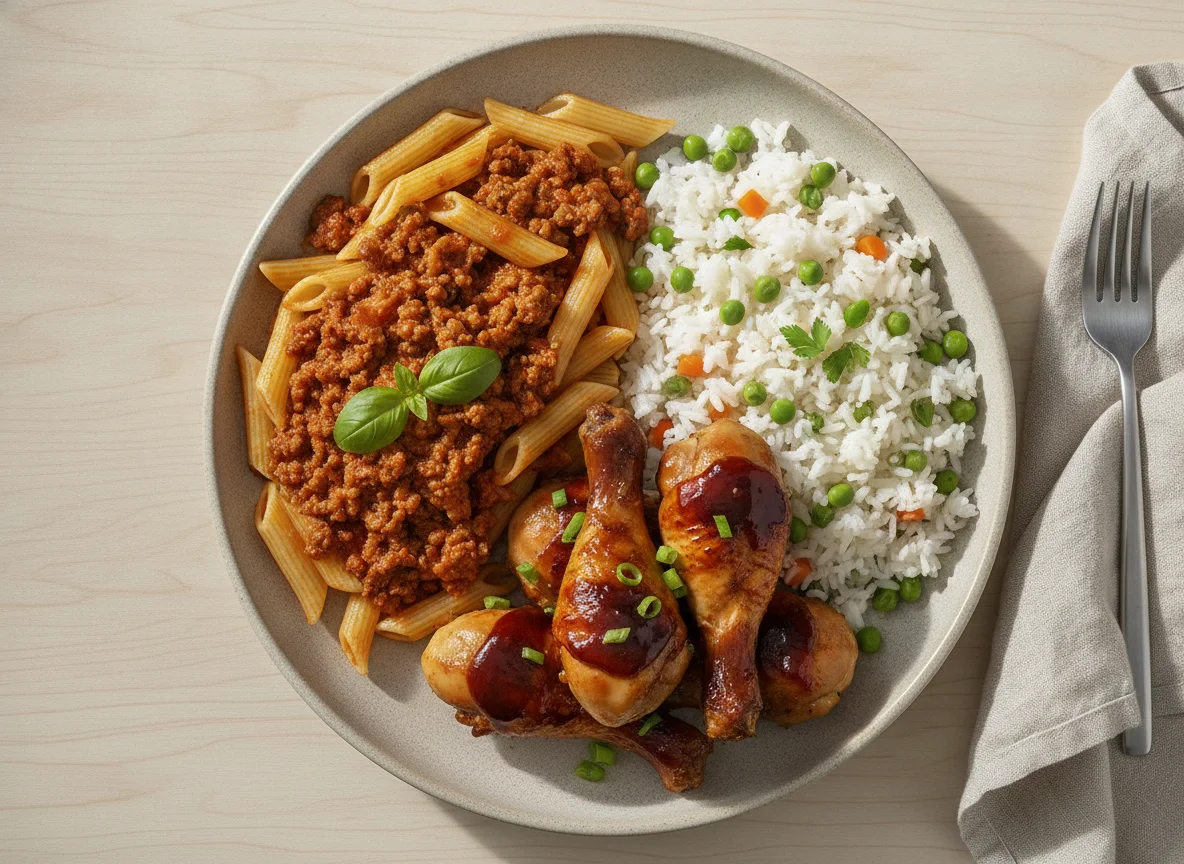 Mixed meal with pasta, rice, and meat in sauce photo