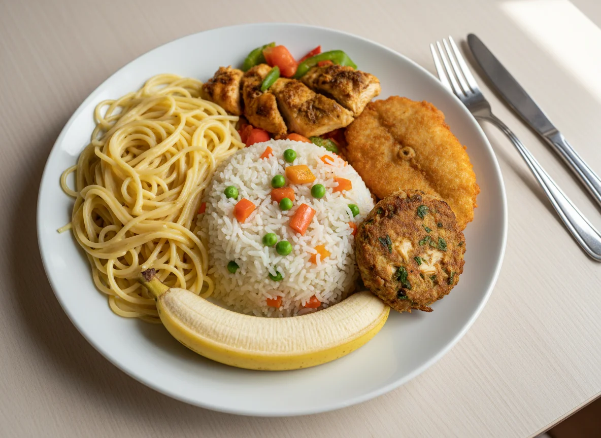 Mixed meal with pasta, rice, fish, and banana photo