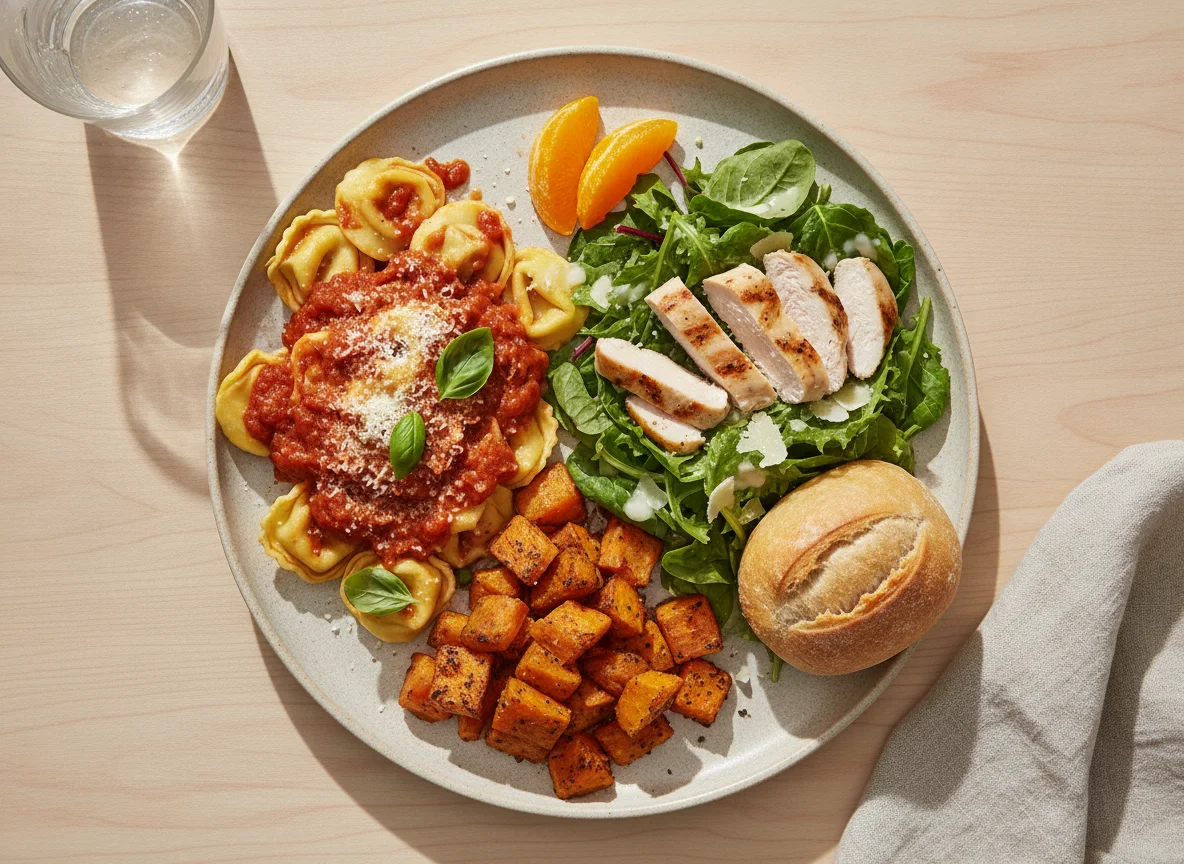 Mixed Meal with Pasta, Roasted Vegetables, Orange, Bread, and Salad with Chicken photo