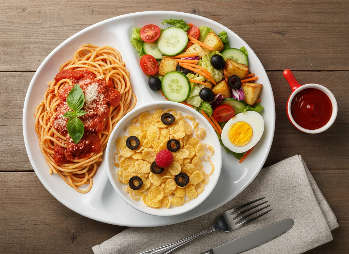 Mixed Meal with Pasta, Salad, and Cereal photo