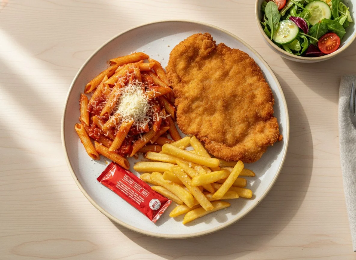 Mixed meal with pasta, schnitzel, fries, and salad photo