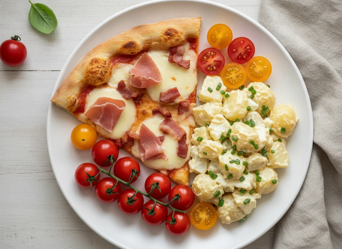 Mixed meal with pizza, salad, and tomatoes photo