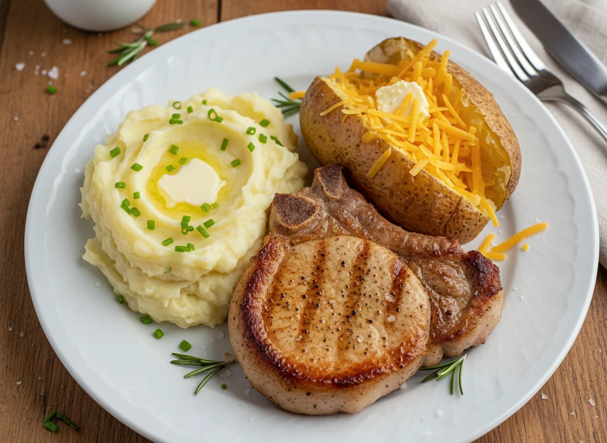 Mixed Meal with Pork, Baked Potato, and Mashed Potato photo