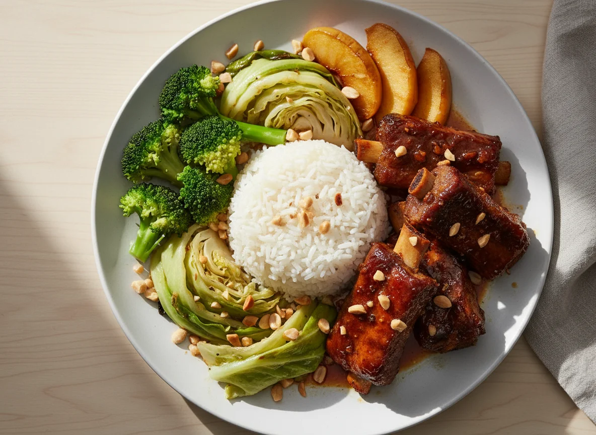 Mixed Meal with Pork Ribs and Rice photo