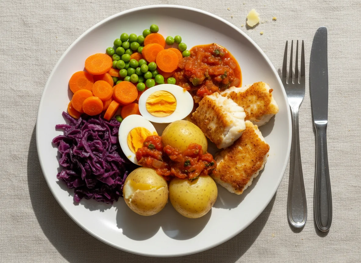 Mixed meal with potatoes, egg, and vegetables photo