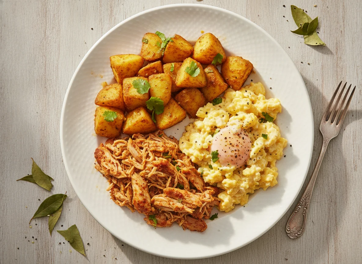 Mixed meal with potatoes, scrambled eggs, and shredded chicken photo