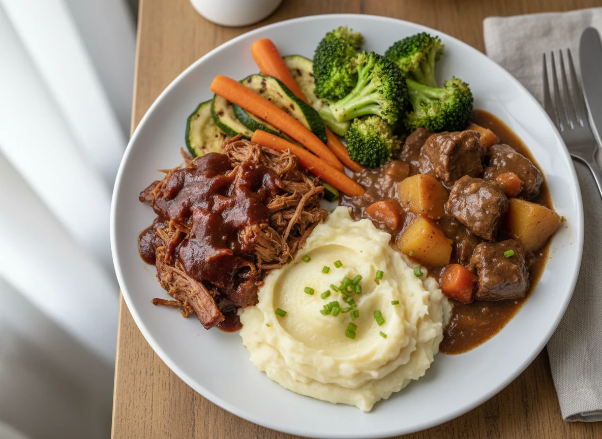 Mixed meal with pulled pork, stewed meat, mashed potatoes and vegetables photo
