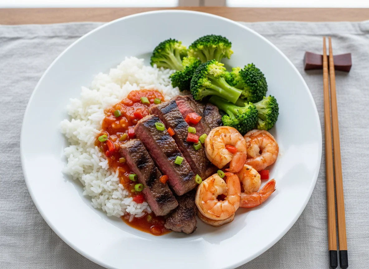 Mixed Meal with Rice and Sauce photo