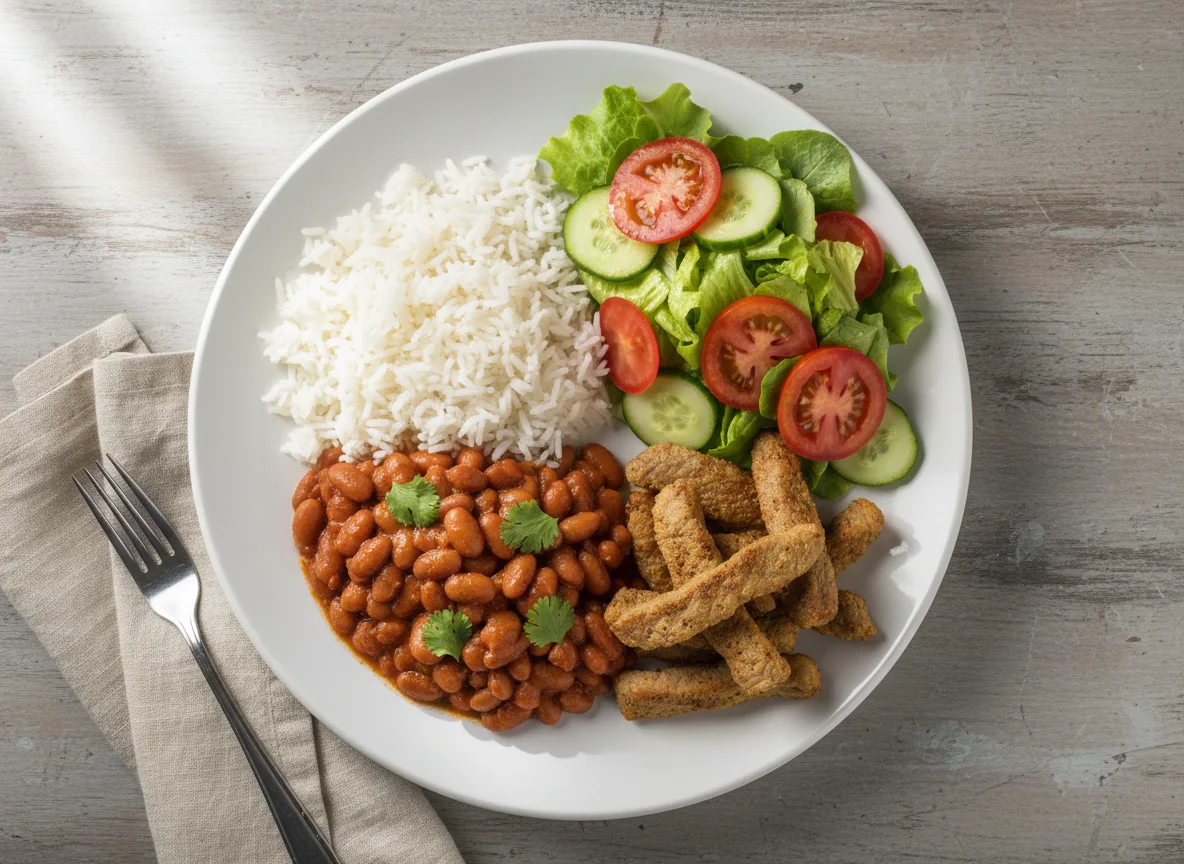 Mixed meal with rice, beans, meat, and salad photo