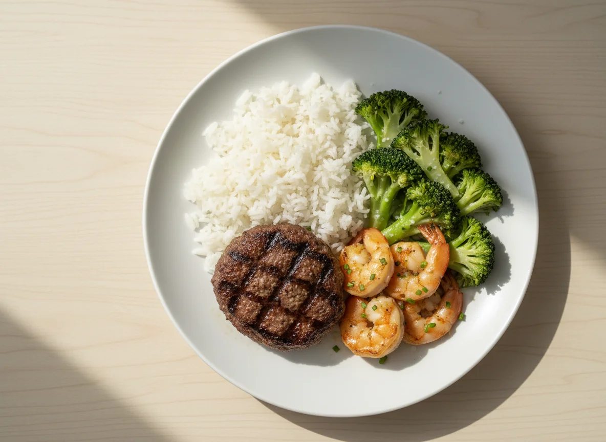 Mixed Meal with Rice, Beef Patty, Shrimp, and Broccoli photo